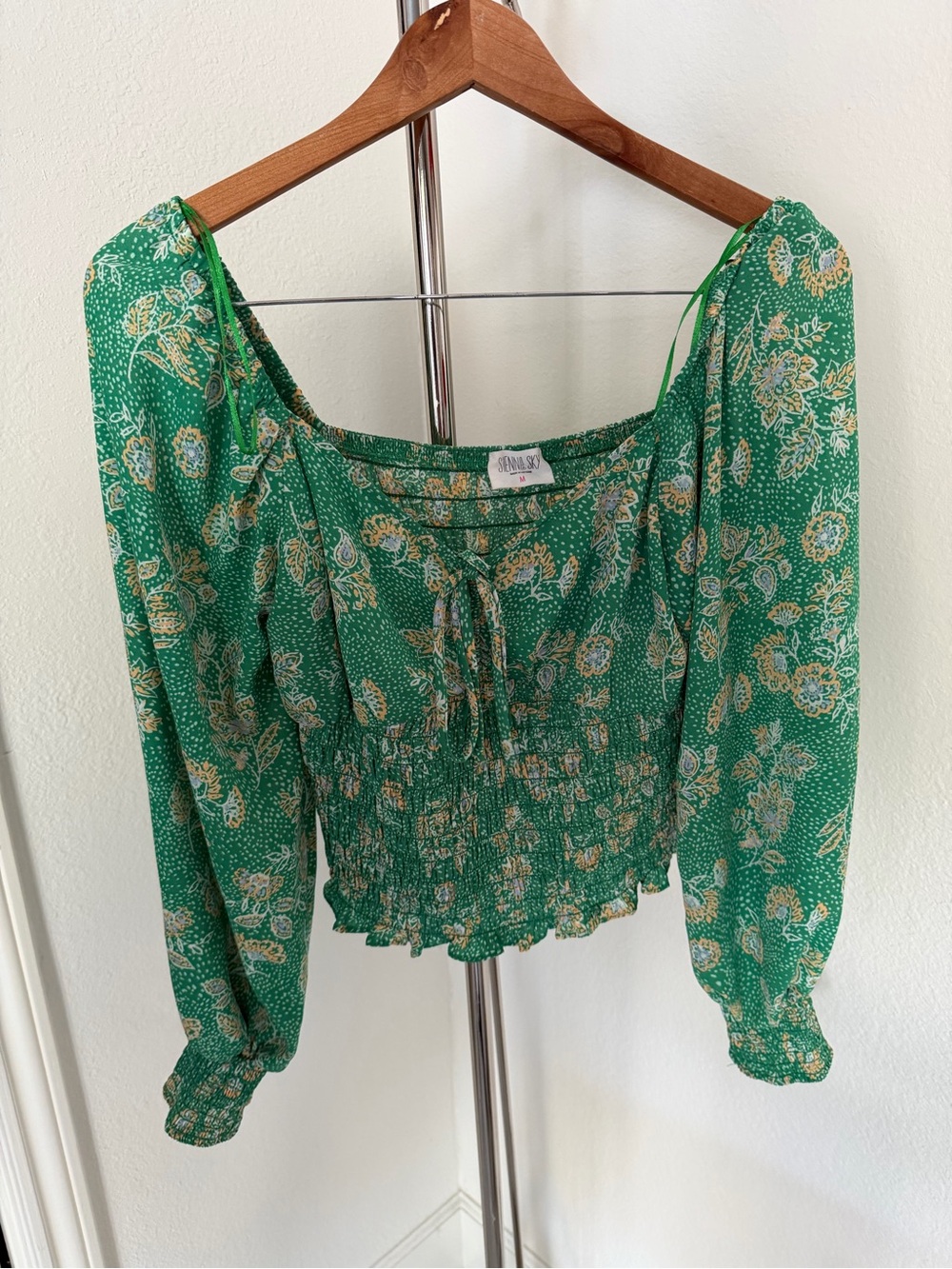 Sienna Sky Green Floral Smocked Square-Neck Blouse